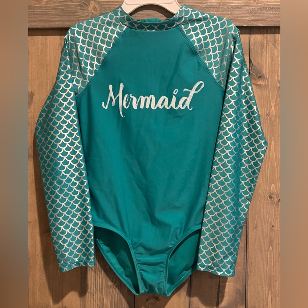 Cat & Jack Girl Turquoise Mermaid Swim Rash Guard L 10 12 Zip Long Sleeve VGUC